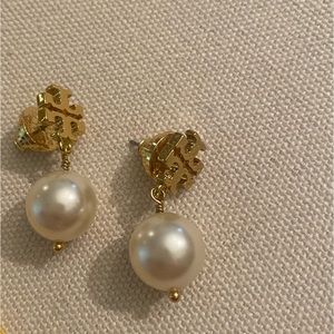 Tory Burch gold emblem and pearl drop earrings